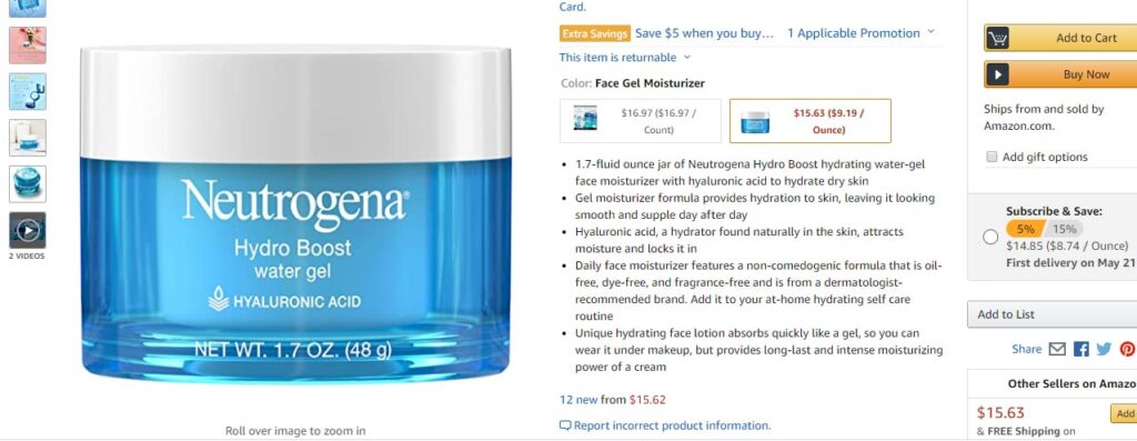 Image of the product page on amazon for a Neutrogena skin care product